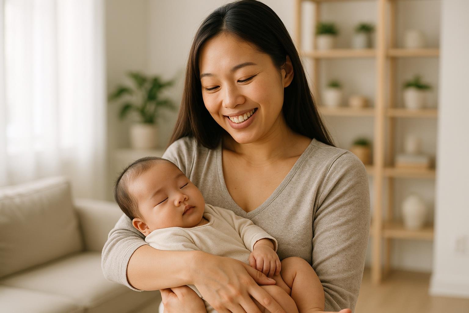 Mãe asiática com bebê