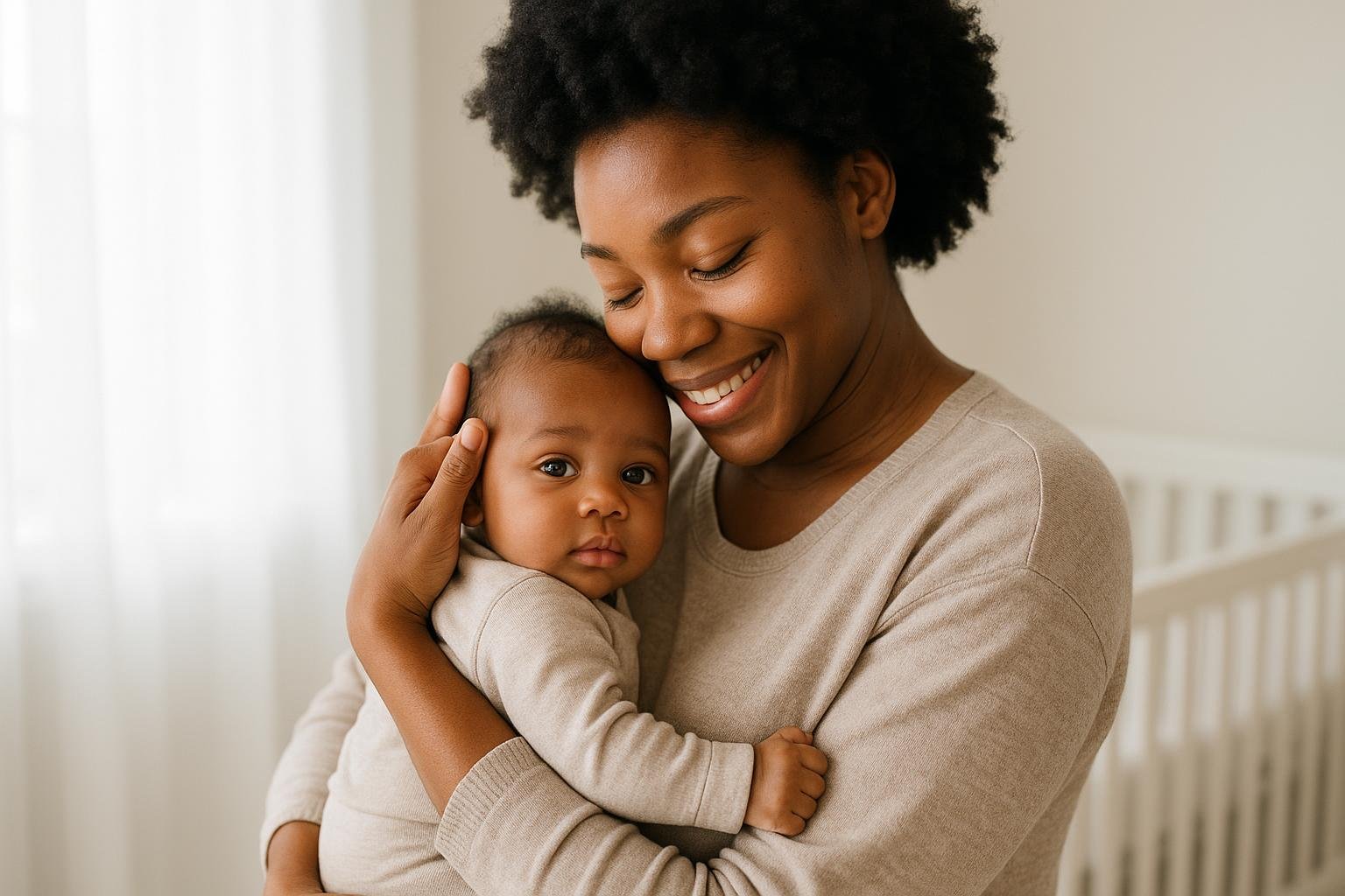 Mãe negra cuidando do bebê